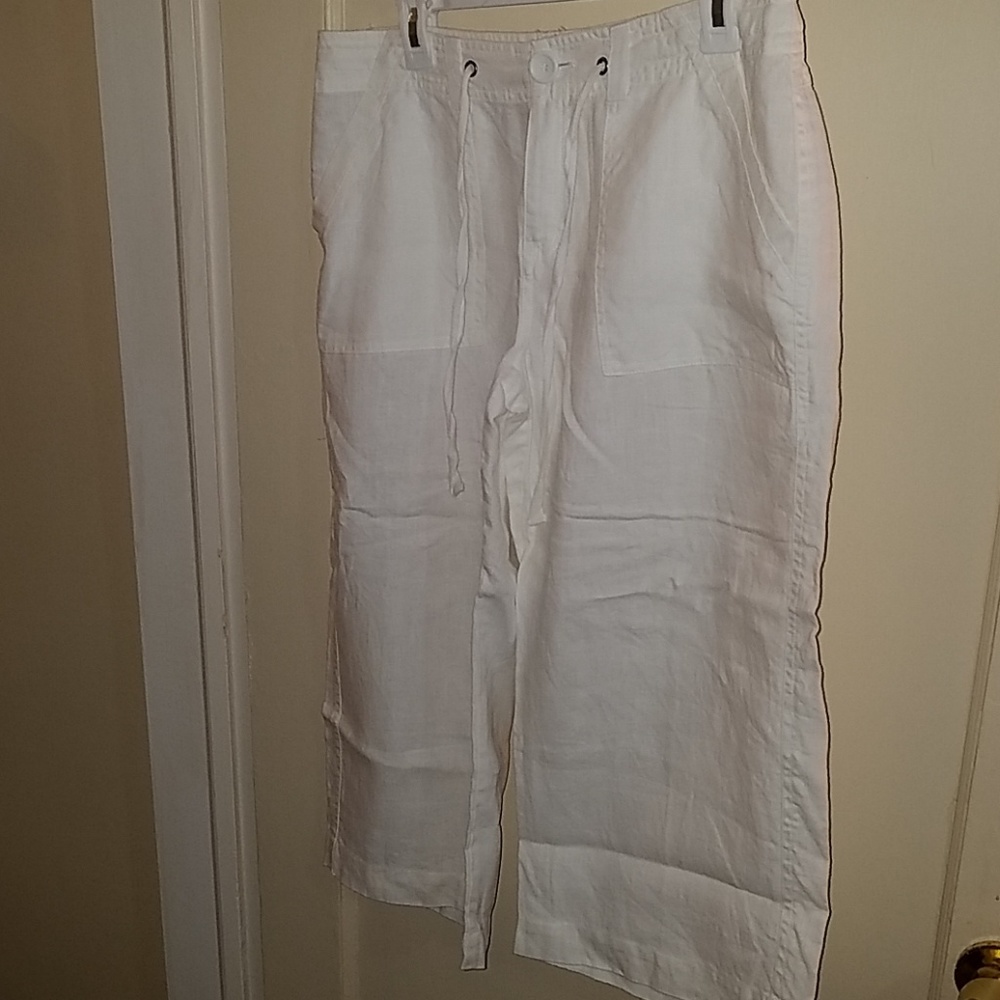 Bass white linen wide leg Capri drawstring 6